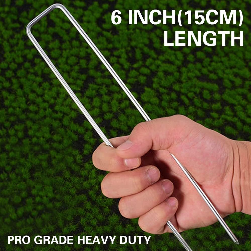 50Pcs Garden Stakes Staples + 50Pcs Gasket, 6 Inch Lawn Landscape Staples 11 Gauge U Shaped Galvanized Landscape Pins, Heavy Duty Yard Ground Pin for Weed Barrier Sod Fabric Decorations - 6"
