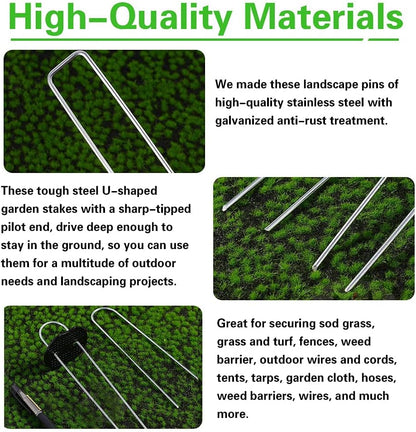 50Pcs Garden Stakes Staples + 50Pcs Gasket, 6 Inch Lawn Landscape Staples 11 Gauge U Shaped Galvanized Landscape Pins, Heavy Duty Yard Ground Pin for Weed Barrier Sod Fabric Decorations - 6"