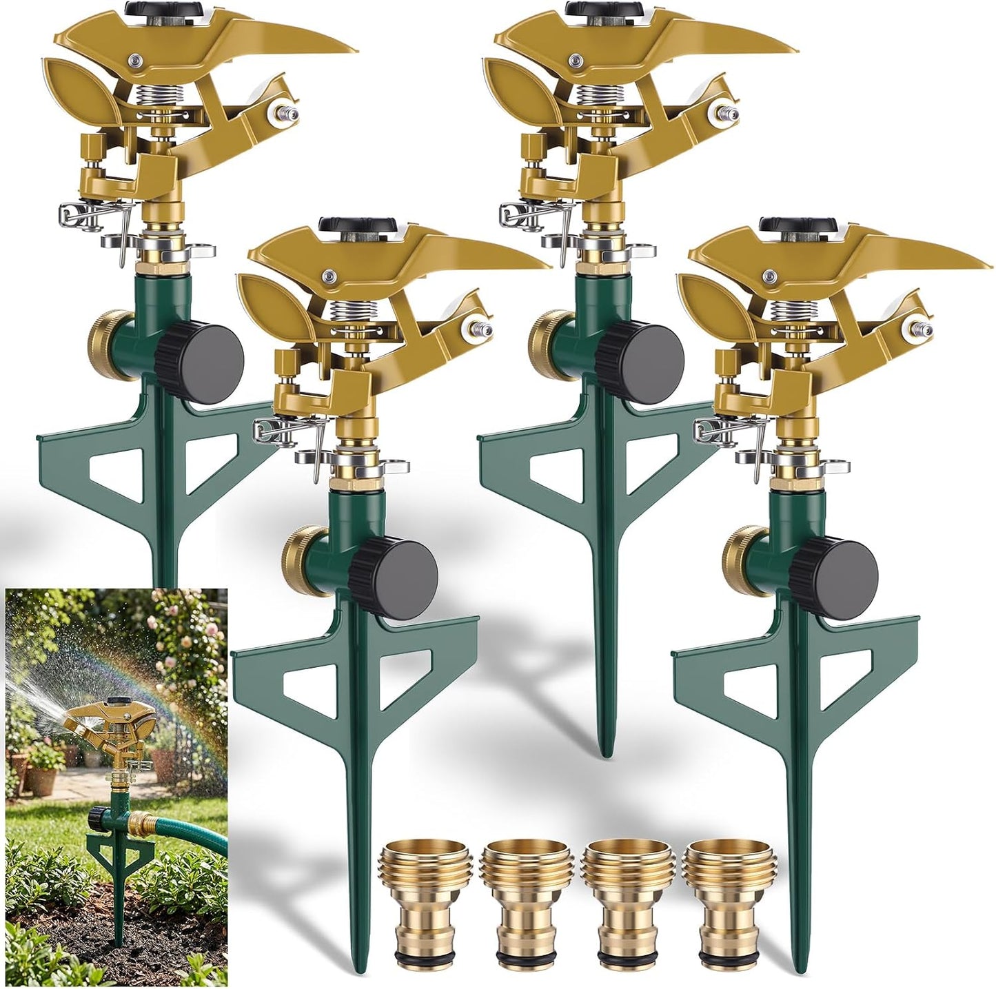 4 Pack Impact Sprinkler for Yard on Spike Base, Heavy Duty Metal Impact Sprinkler Head with 360° Adjustable Spray for Large Area Lawn & Yard Irrigation
