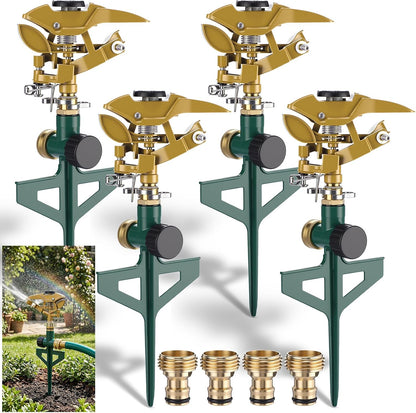 4 Pack Impact Sprinkler for Yard on Spike Base, Heavy Duty Metal Impact Sprinkler Head with 360° Adjustable Spray for Large Area Lawn & Yard Irrigation