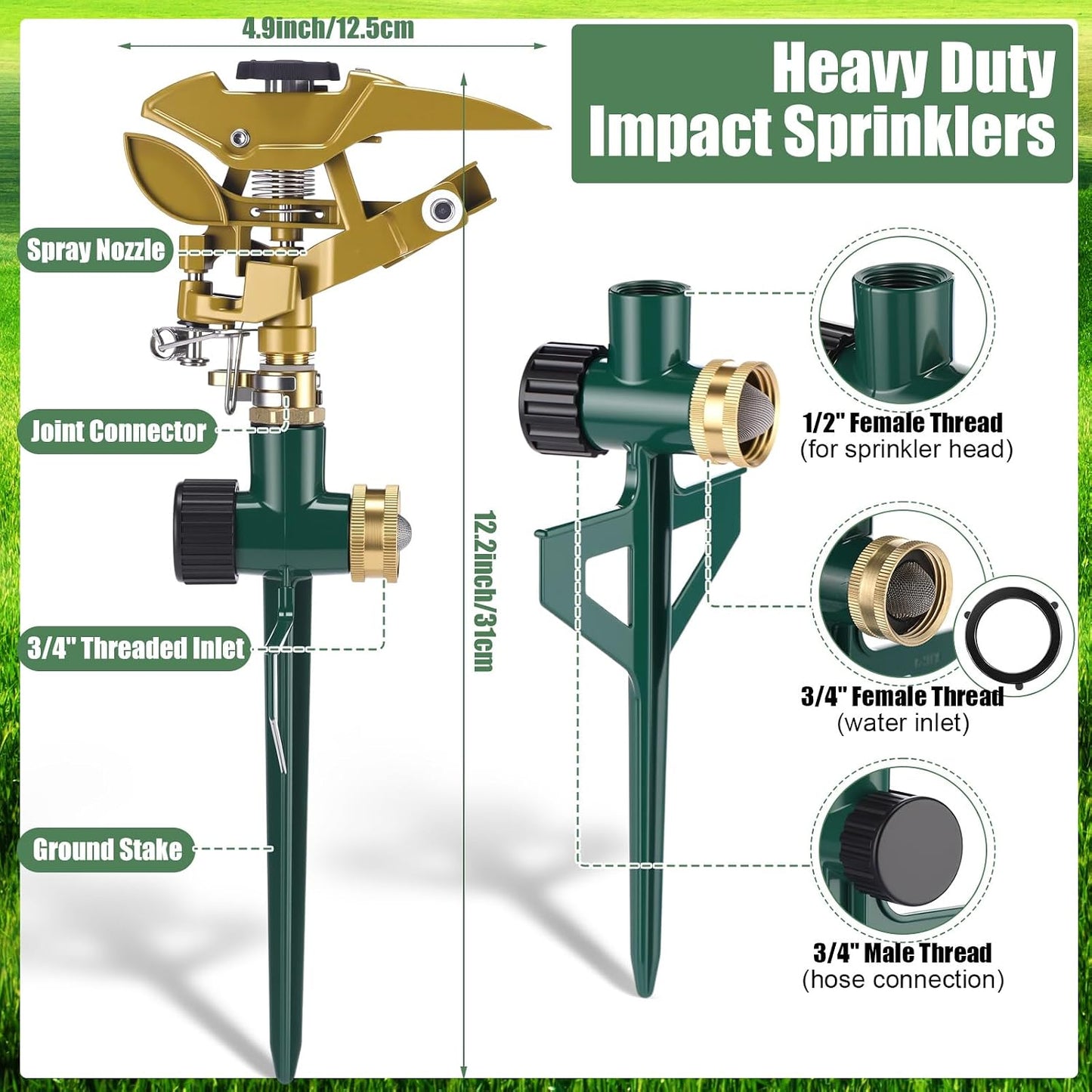 4 Pack Impact Sprinkler for Yard on Spike Base, Heavy Duty Metal Impact Sprinkler Head with 360° Adjustable Spray for Large Area Lawn & Yard Irrigation