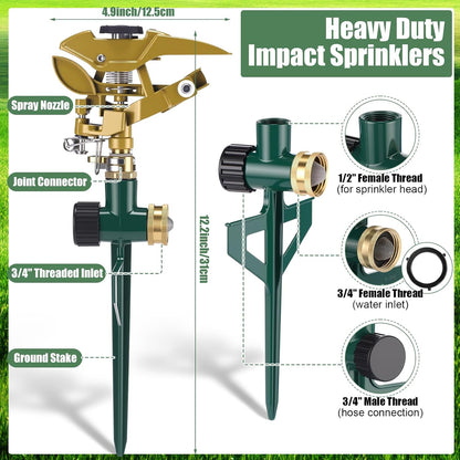 4 Pack Impact Sprinkler for Yard on Spike Base, Heavy Duty Metal Impact Sprinkler Head with 360° Adjustable Spray for Large Area Lawn & Yard Irrigation