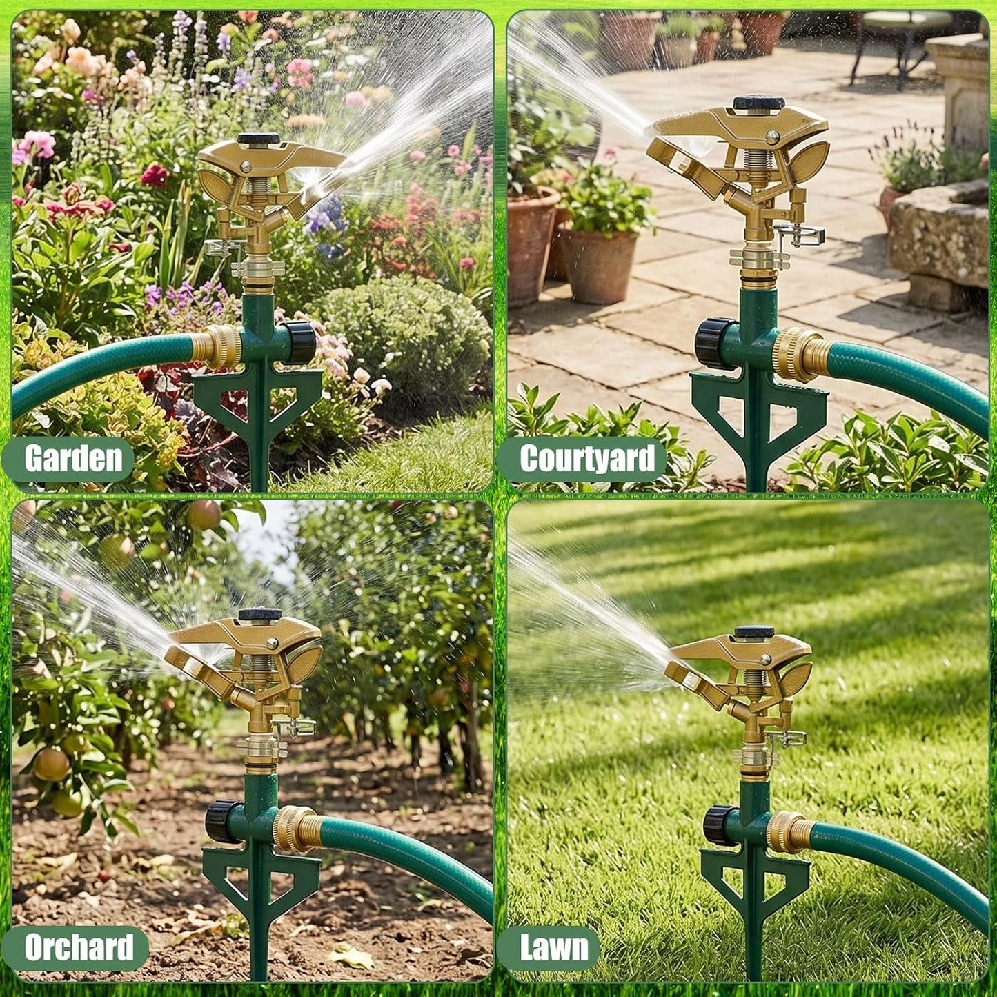 4 Pack Impact Sprinkler for Yard on Spike Base, Heavy Duty Metal Impact Sprinkler Head with 360° Adjustable Spray for Large Area Lawn & Yard Irrigation