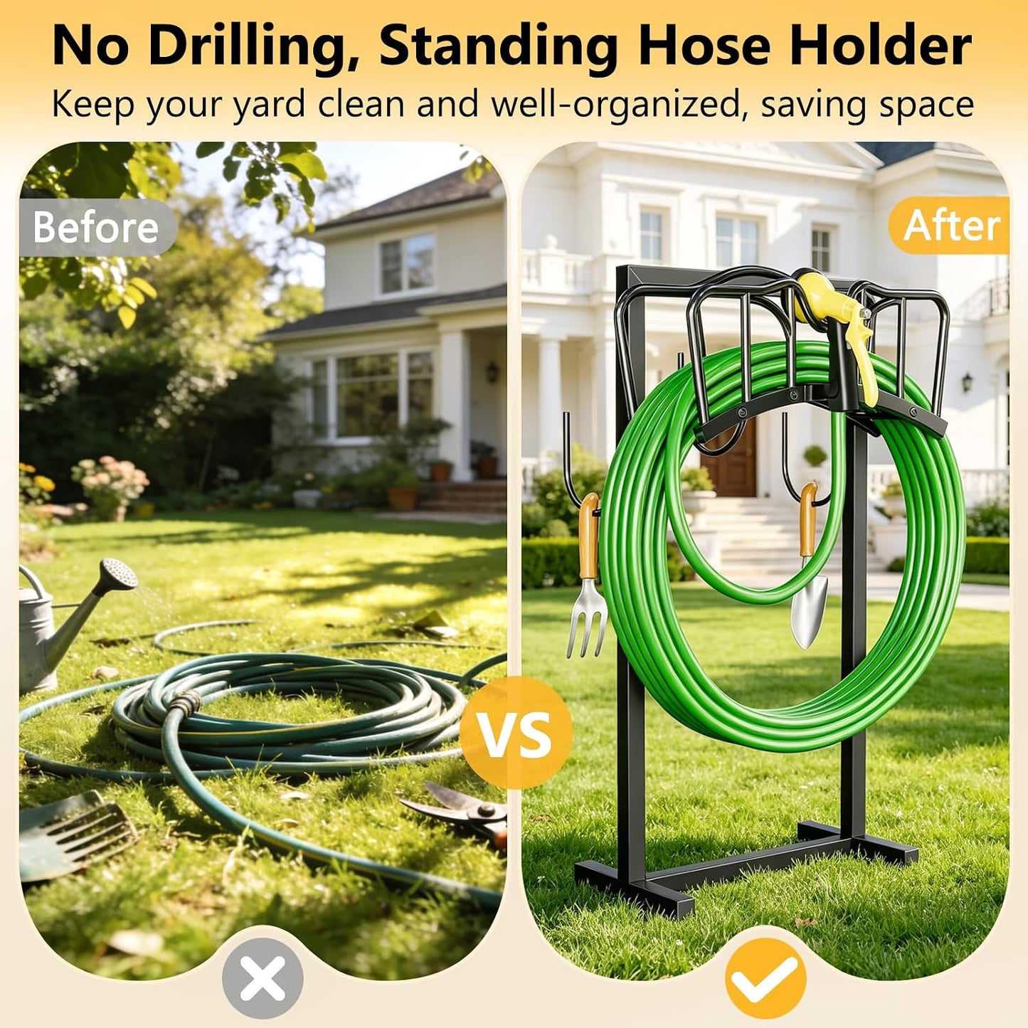 Garden Hose Holder Holds 2 x 150FT Hoses, Freestanding Hose Holder with 4 Spikes, Rustproof Water Hose Holder Storage for Outside Yard Lawn Farm