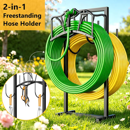 Garden Hose Holder Holds 2 x 150FT Hoses, Freestanding Hose Holder with 4 Spikes, Rustproof Water Hose Holder Storage for Outside Yard Lawn Farm