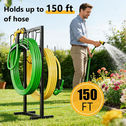 Garden Hose Holder Holds 2 x 150FT Hoses, Freestanding Hose Holder with 4 Spikes, Rustproof Water Hose Holder Storage for Outside Yard Lawn Farm