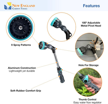 18 Inch Heavy Duty Metal Watering Wand with 9 Spray Patterns 600001, Flexible 180° Head, Thumb Flow Control, Comfort Grip, for Plants, Lawn, Garden, Car Washing & Cleaning