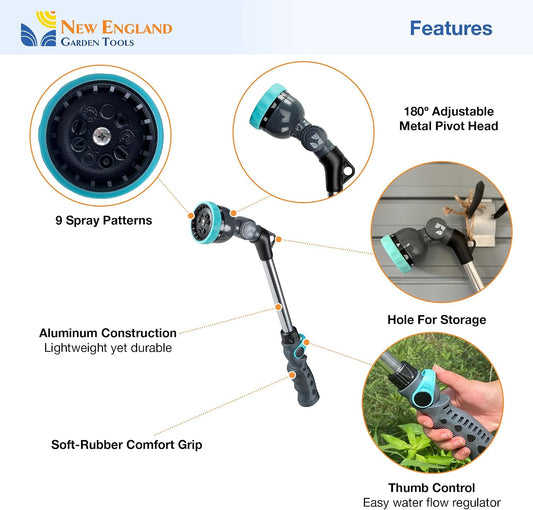 18 Inch Heavy Duty Metal Watering Wand with 9 Spray Patterns 600001, Flexible 180° Head, Thumb Flow Control, Comfort Grip, for Plants, Lawn, Garden, Car Washing & Cleaning