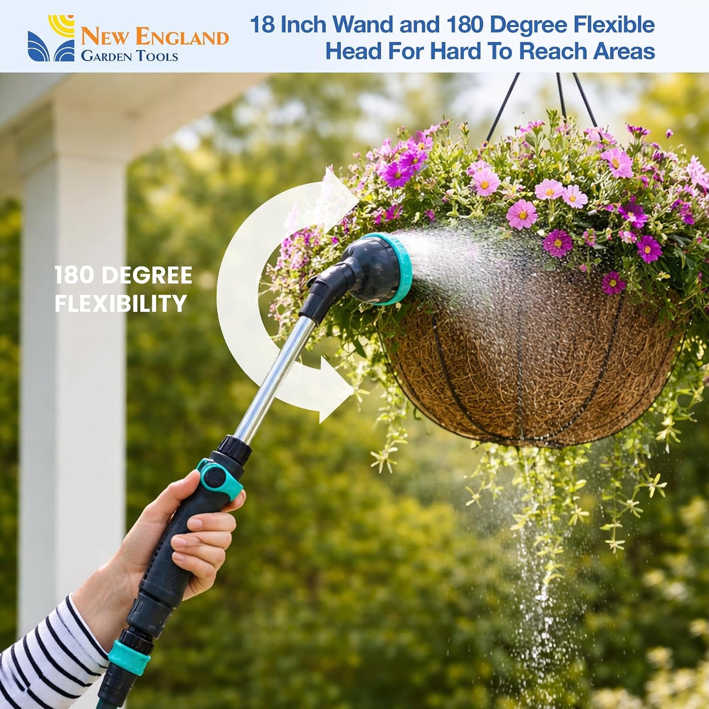 18 Inch Heavy Duty Metal Watering Wand with 9 Spray Patterns 600001, Flexible 180° Head, Thumb Flow Control, Comfort Grip, for Plants, Lawn, Garden, Car Washing & Cleaning