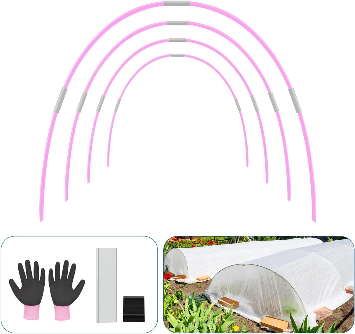 Garden Hoops, Pink Greenhouse Hoops for 2.5-5.5ft Wide Raised Beds, Small Garden Tunnel Hoops for Row Cover, 4 Sets of 5.6ft Long Super Bendable Fiberglass Support Hoops Frame, 20pcs M Size