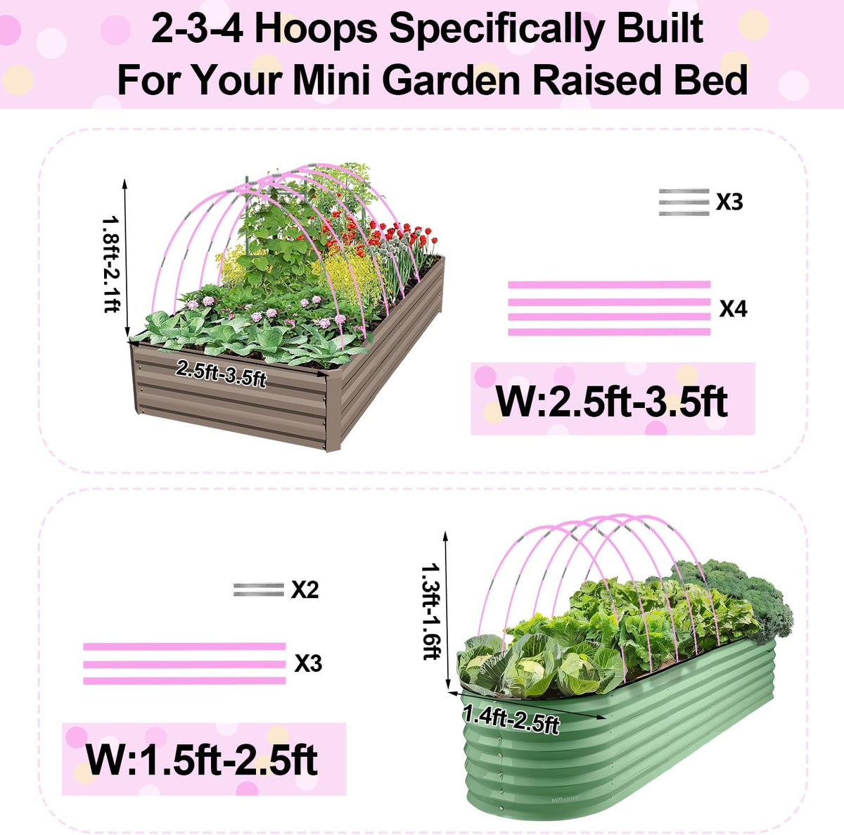 Garden Hoops, Pink Greenhouse Hoops for 2.5-5.5ft Wide Raised Beds, Small Garden Tunnel Hoops for Row Cover, 4 Sets of 5.6ft Long Super Bendable Fiberglass Support Hoops Frame, 20pcs M Size