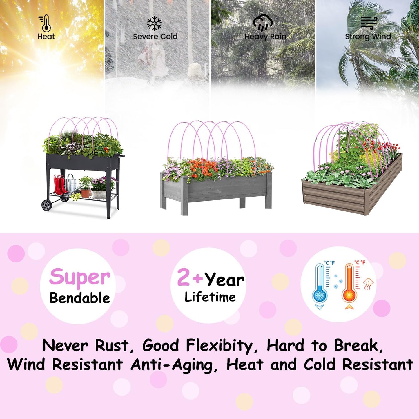 Garden Hoops, Pink Greenhouse Hoops for 2.5-5.5ft Wide Raised Beds, Small Garden Tunnel Hoops for Row Cover, 4 Sets of 5.6ft Long Super Bendable Fiberglass Support Hoops Frame, 20pcs M Size