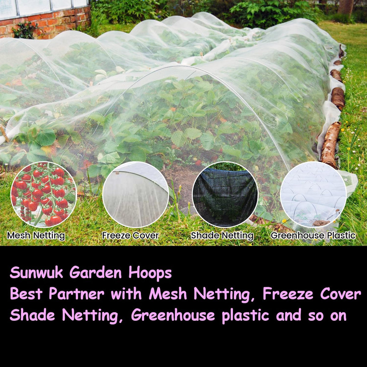 Garden Hoops, Pink Greenhouse Hoops for 2.5-5.5ft Wide Raised Beds, Small Garden Tunnel Hoops for Row Cover, 4 Sets of 5.6ft Long Super Bendable Fiberglass Support Hoops Frame, 20pcs M Size