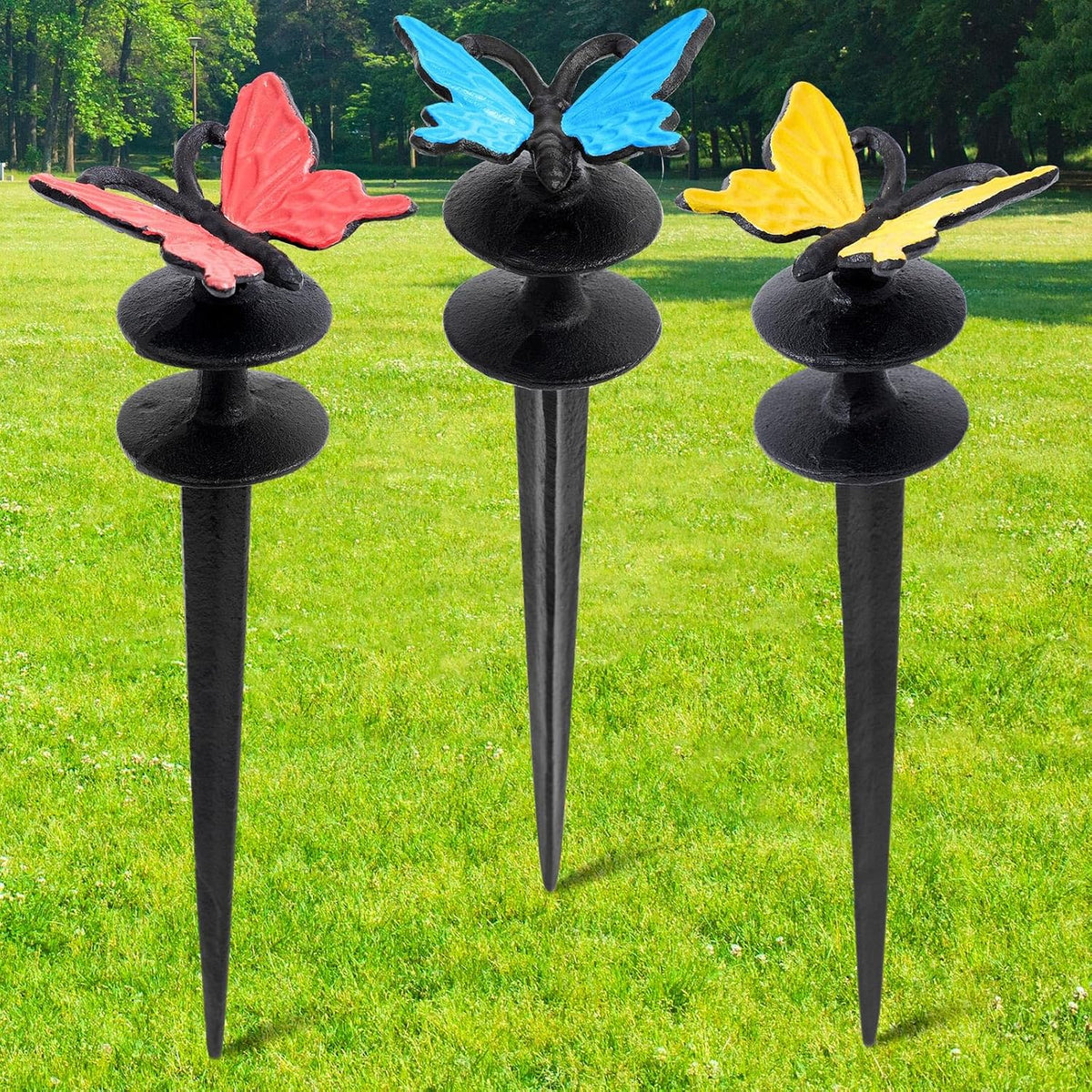 3 Pcs Colorful Butterfly Garden Hose Guide Stakes, Heavy Duty Decorative Antique Black Cast Iron Metal Hose Guides, Plant Protector for Lawn Yard Flower Bed
