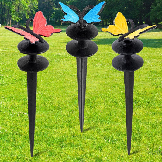 3 Pcs Colorful Butterfly Garden Hose Guide Stakes, Heavy Duty Decorative Antique Black Cast Iron Metal Hose Guides, Plant Protector for Lawn Yard Flower Bed