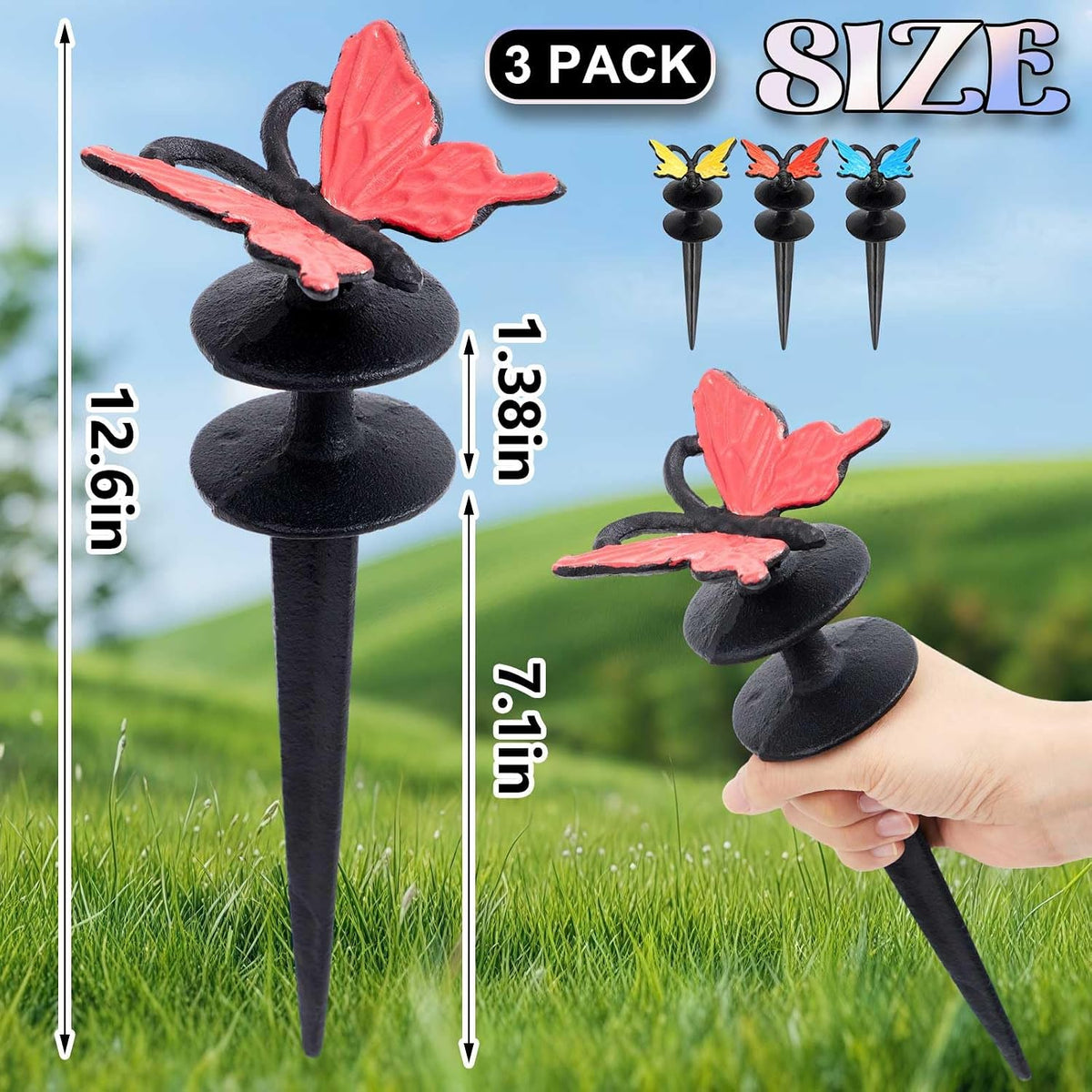 3 Pcs Colorful Butterfly Garden Hose Guide Stakes, Heavy Duty Decorative Antique Black Cast Iron Metal Hose Guides, Plant Protector for Lawn Yard Flower Bed