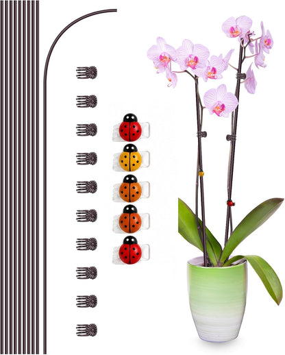 10Pcs Plant Support Stakes, Brown, with Ladybug Clips