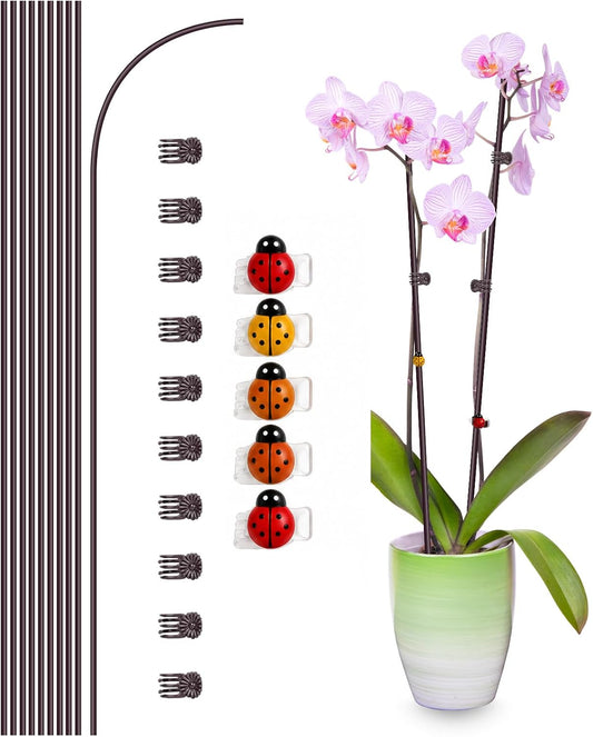 10Pcs Plant Support Stakes, Brown, with Ladybug Clips