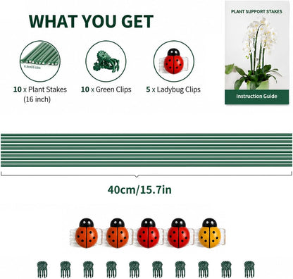 10Pcs Plant Support Stakes, Brown, with Ladybug Clips