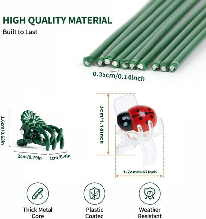10Pcs Plant Support Stakes, Brown, with Ladybug Clips