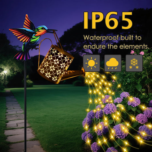 Solar Watering Can with Cascading Lights Outdoor Garden Decor, Hummingbird Shaped Hook Gardening Gifts for Mom Women Grandma Birthday, Solar Lights for Garden Decorations Patio Yard Lawn Backyard