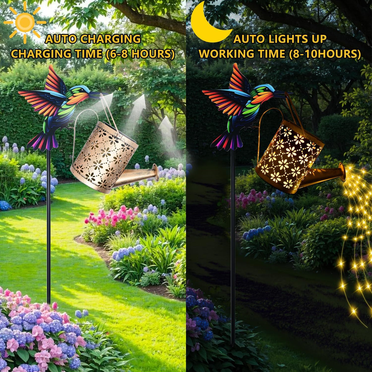 Solar Watering Can with Cascading Lights Outdoor Garden Decor, Hummingbird Shaped Hook Gardening Gifts for Mom Women Grandma Birthday, Solar Lights for Garden Decorations Patio Yard Lawn Backyard