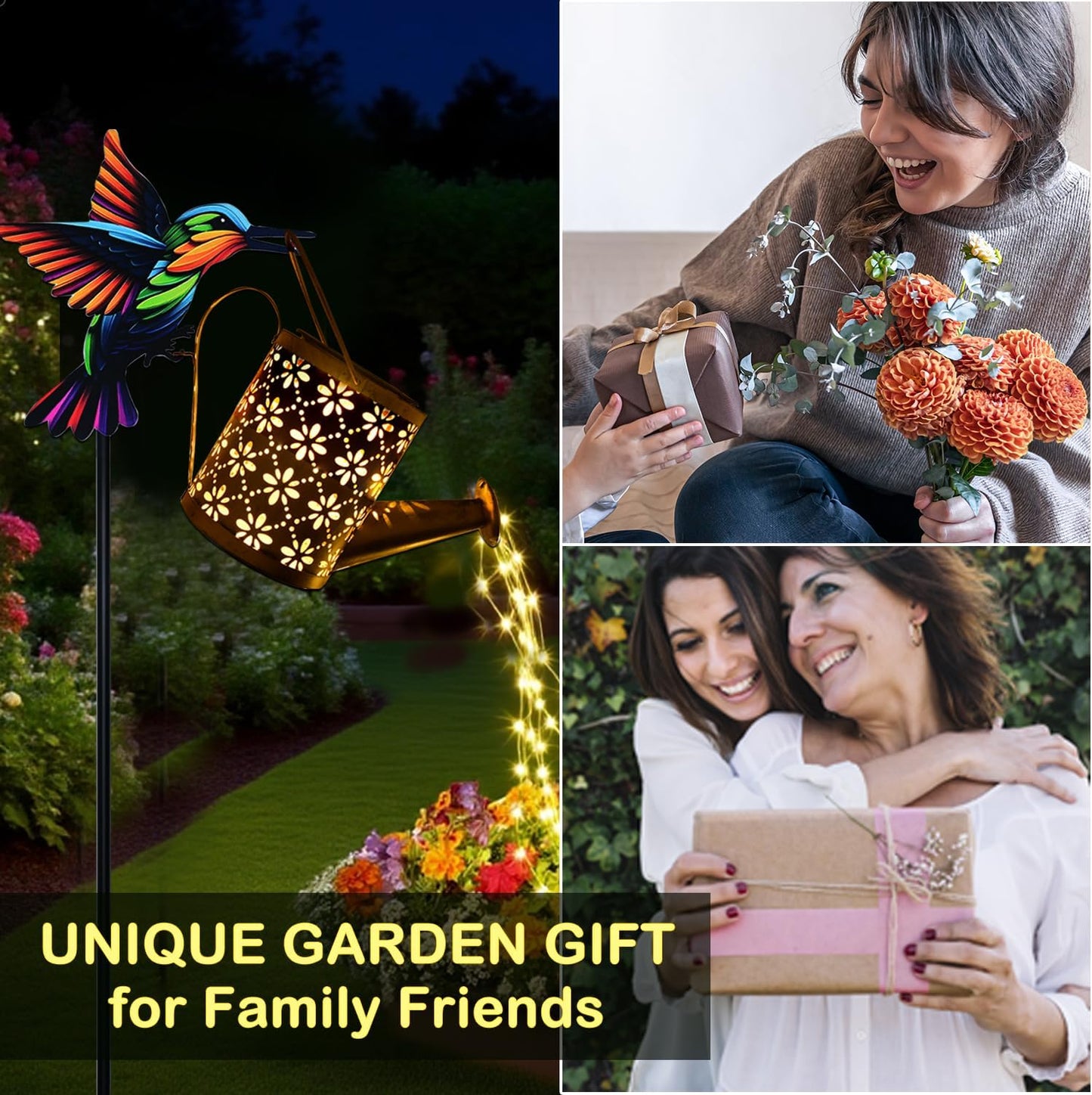 Solar Watering Can with Cascading Lights Outdoor Garden Decor, Hummingbird Shaped Hook Gardening Gifts for Mom Women Grandma Birthday, Solar Lights for Garden Decorations Patio Yard Lawn Backyard