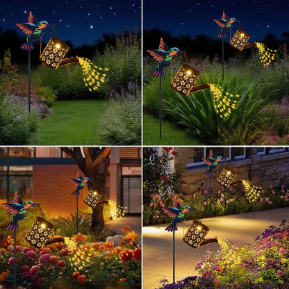 Solar Watering Can with Cascading Lights Outdoor Garden Decor, Hummingbird Shaped Hook Gardening Gifts for Mom Women Grandma Birthday, Solar Lights for Garden Decorations Patio Yard Lawn Backyard