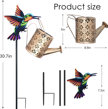 Solar Watering Can with Cascading Lights Outdoor Garden Decor, Hummingbird Shaped Hook Gardening Gifts for Mom Women Grandma Birthday, Solar Lights for Garden Decorations Patio Yard Lawn Backyard