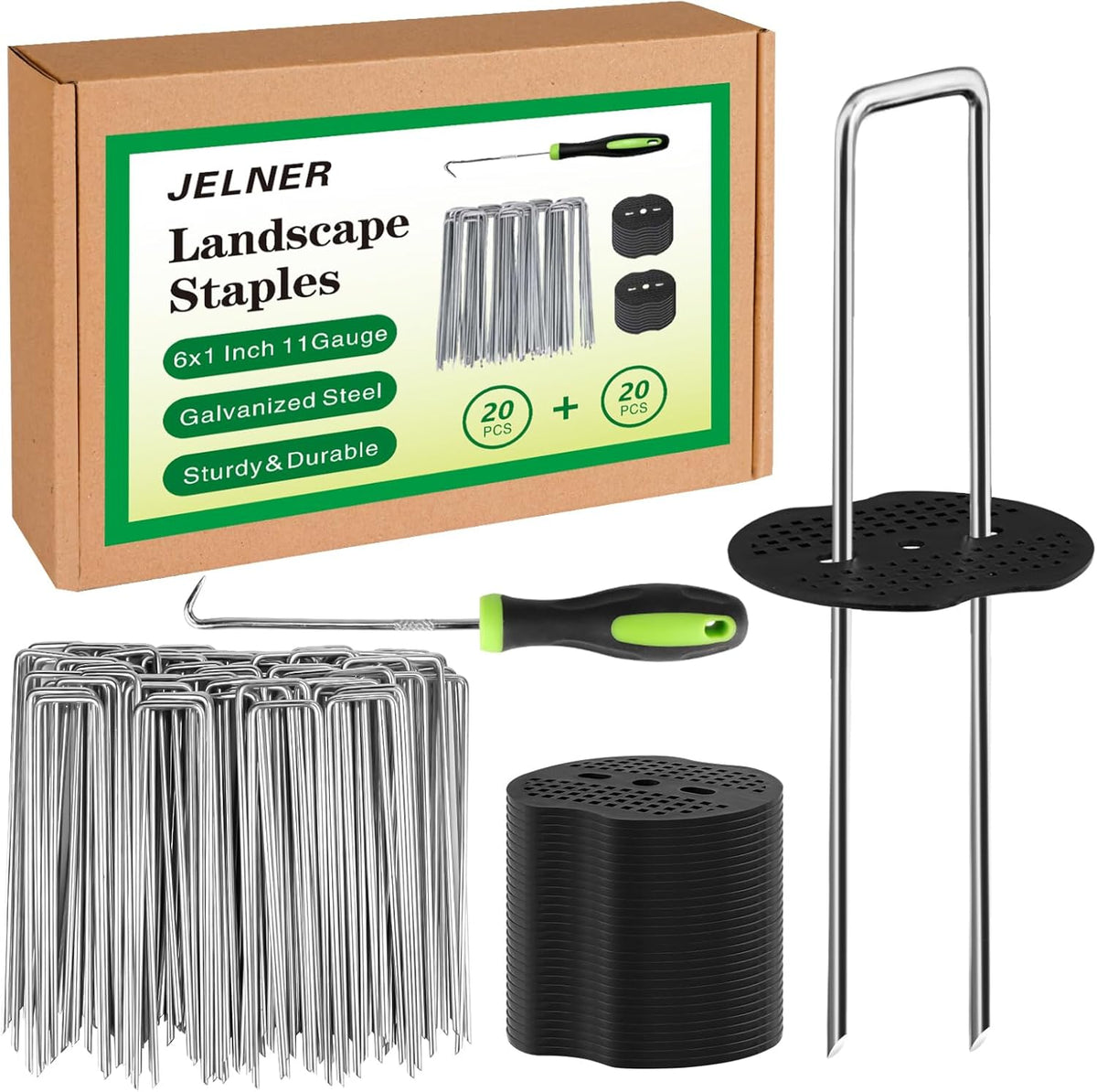 Garden Stakes,6 Inch 11 Gauge 50pcs Galvanized Landscape Staples + 50pcs Gaskets + 1Pick Hook,Tent Stakes Landscaping Fabric SOD Pins for Weed Fabric Barrier,Groud Cover,Fence