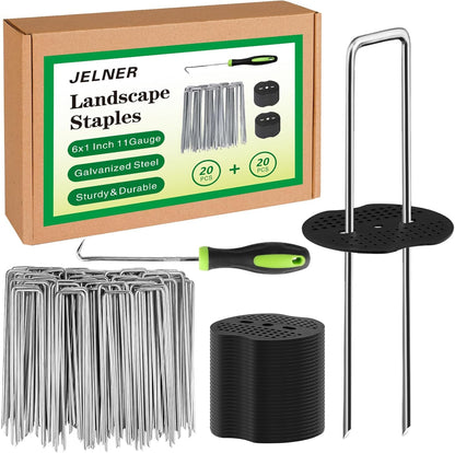 Garden Stakes,6 Inch 11 Gauge 50pcs Galvanized Landscape Staples + 50pcs Gaskets + 1Pick Hook,Tent Stakes Landscaping Fabric SOD Pins for Weed Fabric Barrier,Groud Cover,Fence