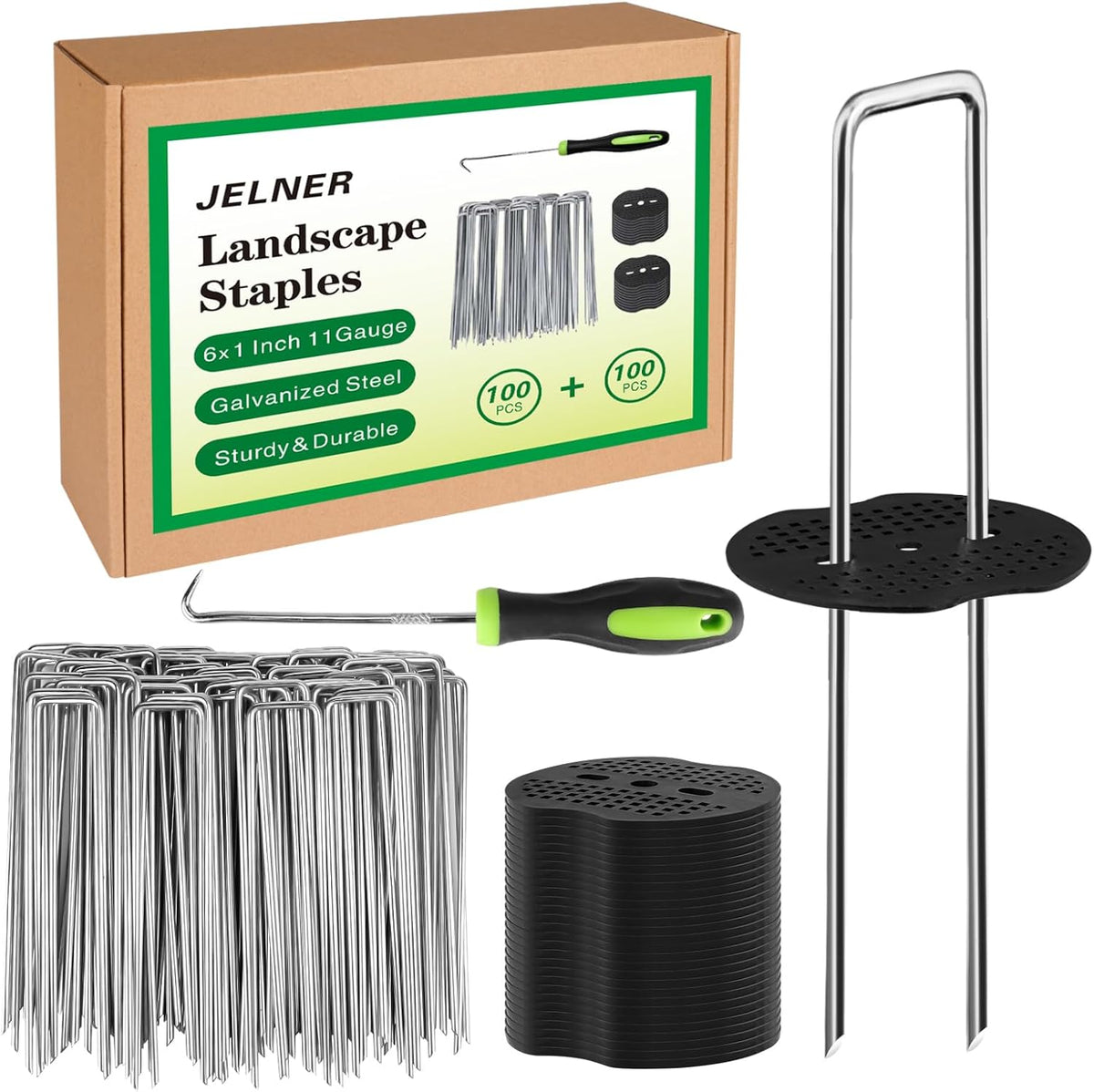 Garden Stakes,6 Inch 11 Gauge 50pcs Galvanized Landscape Staples + 50pcs Gaskets + 1Pick Hook,Tent Stakes Landscaping Fabric SOD Pins for Weed Fabric Barrier,Groud Cover,Fence