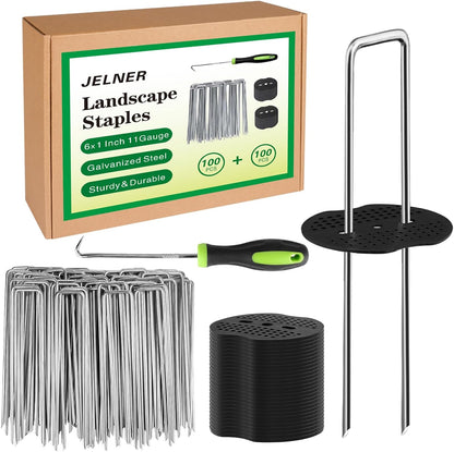 Garden Stakes,6 Inch 11 Gauge 50pcs Galvanized Landscape Staples + 50pcs Gaskets + 1Pick Hook,Tent Stakes Landscaping Fabric SOD Pins for Weed Fabric Barrier,Groud Cover,Fence
