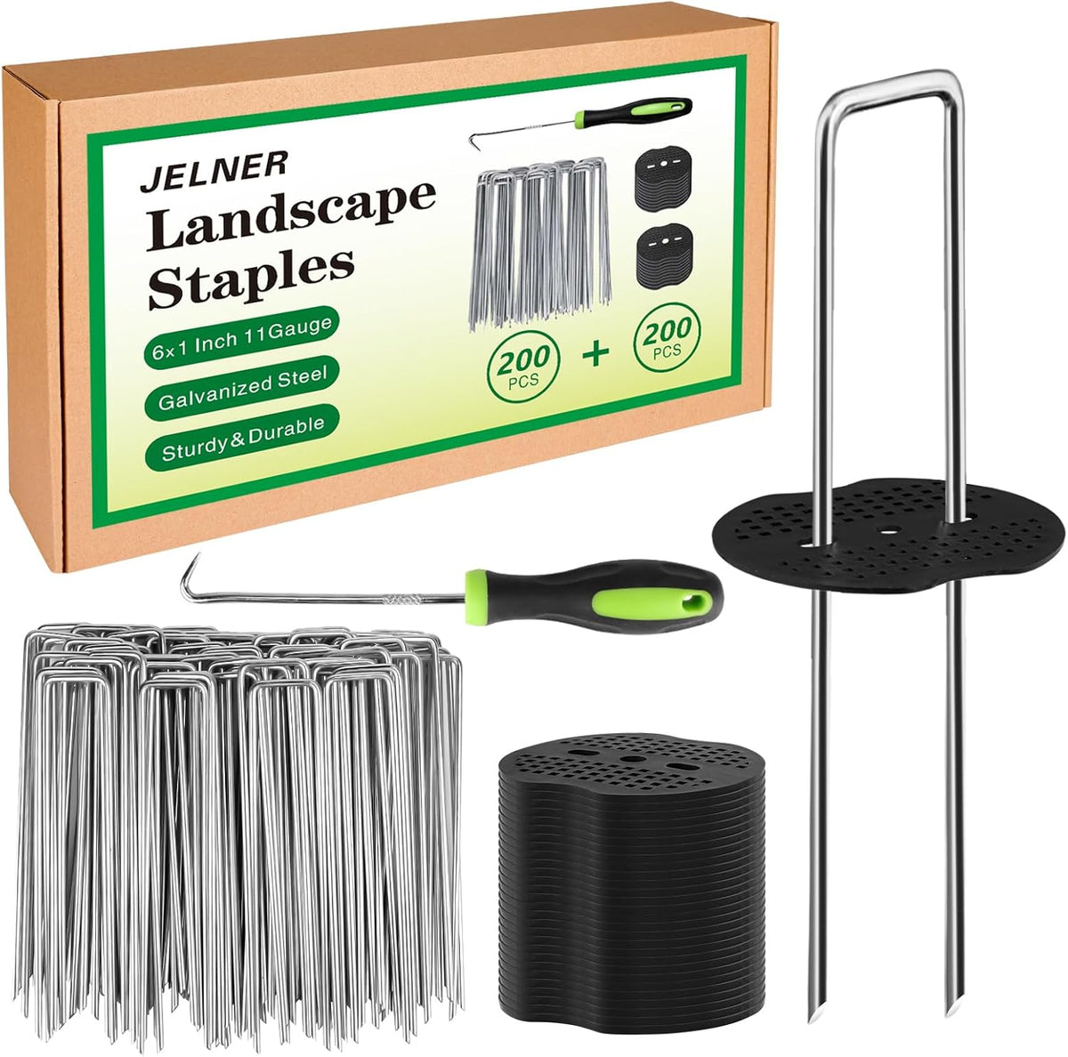 Garden Stakes,6 Inch 11 Gauge 50pcs Galvanized Landscape Staples + 50pcs Gaskets + 1Pick Hook,Tent Stakes Landscaping Fabric SOD Pins for Weed Fabric Barrier,Groud Cover,Fence
