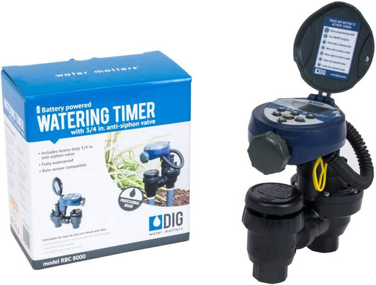 DIG RBC 8000 Battery Powered Irrigation Automatic Controller with 3/4" Anti-Siphon Valve - Advanced, Safe, and Convenient for Sprinklers or Drip Irrigation System