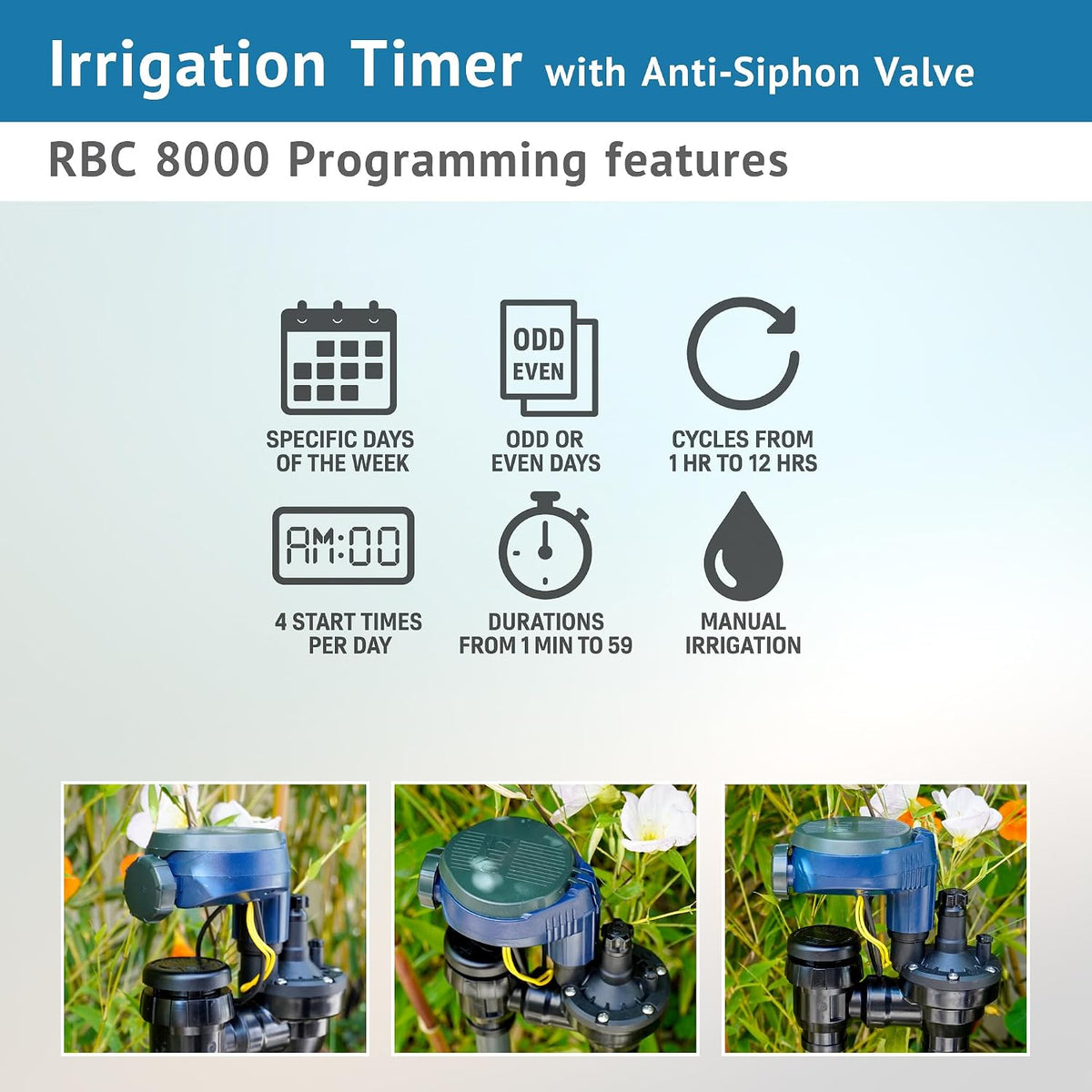 DIG RBC 8000 Battery Powered Irrigation Automatic Controller with 3/4" Anti-Siphon Valve - Advanced, Safe, and Convenient for Sprinklers or Drip Irrigation System
