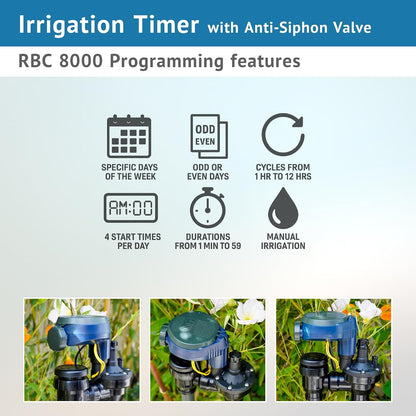 DIG RBC 8000 Battery Powered Irrigation Automatic Controller with 3/4" Anti-Siphon Valve - Advanced, Safe, and Convenient for Sprinklers or Drip Irrigation System
