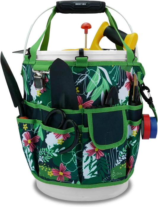 KUNN Bucket Tool Organizer 5 Gallon 18-Pocket Gardening Tool Bag with Hangable Handle | Garden Caddy & Bucket Accessory, Green