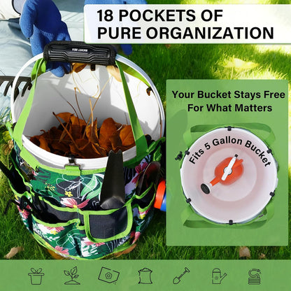 KUNN Bucket Tool Organizer 5 Gallon 18-Pocket Gardening Tool Bag with Hangable Handle | Garden Caddy & Bucket Accessory, Green