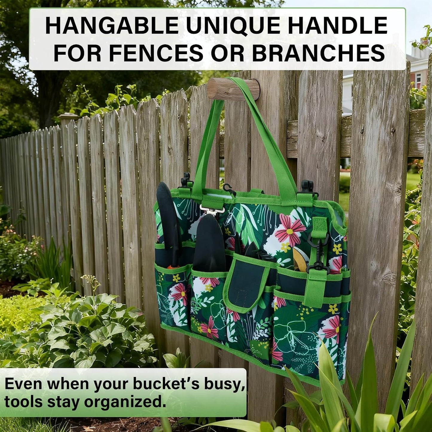 KUNN Bucket Tool Organizer 5 Gallon 18-Pocket Gardening Tool Bag with Hangable Handle | Garden Caddy & Bucket Accessory, Green
