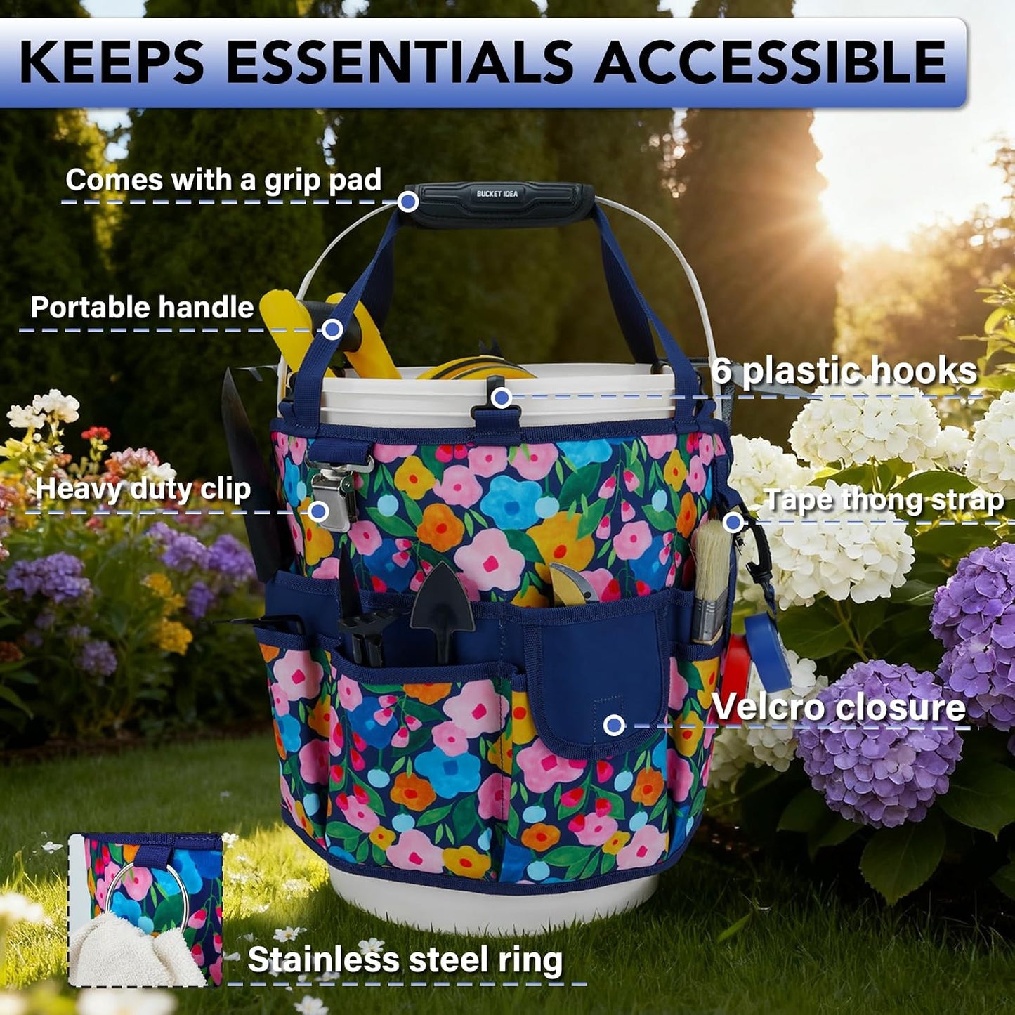 KUNN Bucket Tool Organizer 5 Gallon 18-Pocket Gardening Tool Bag with Hangable Handle | Garden Caddy & Bucket Accessory, Green