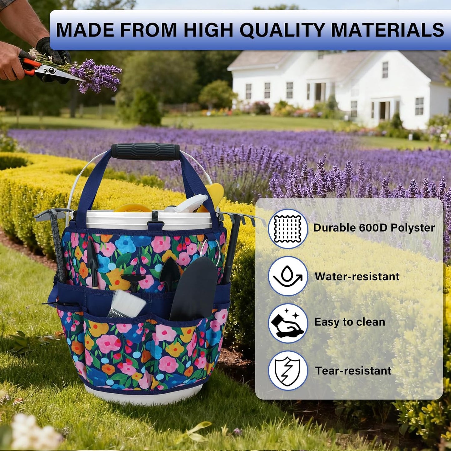 KUNN Bucket Tool Organizer 5 Gallon 18-Pocket Gardening Tool Bag with Hangable Handle | Garden Caddy & Bucket Accessory, Green