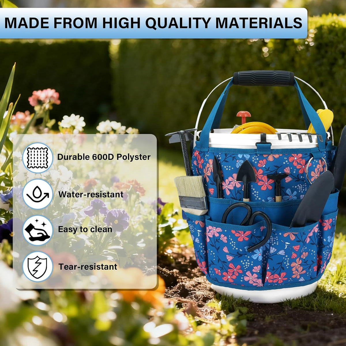 KUNN Bucket Tool Organizer 5 Gallon 18-Pocket Gardening Tool Bag with Hangable Handle | Garden Caddy & Bucket Accessory, Green