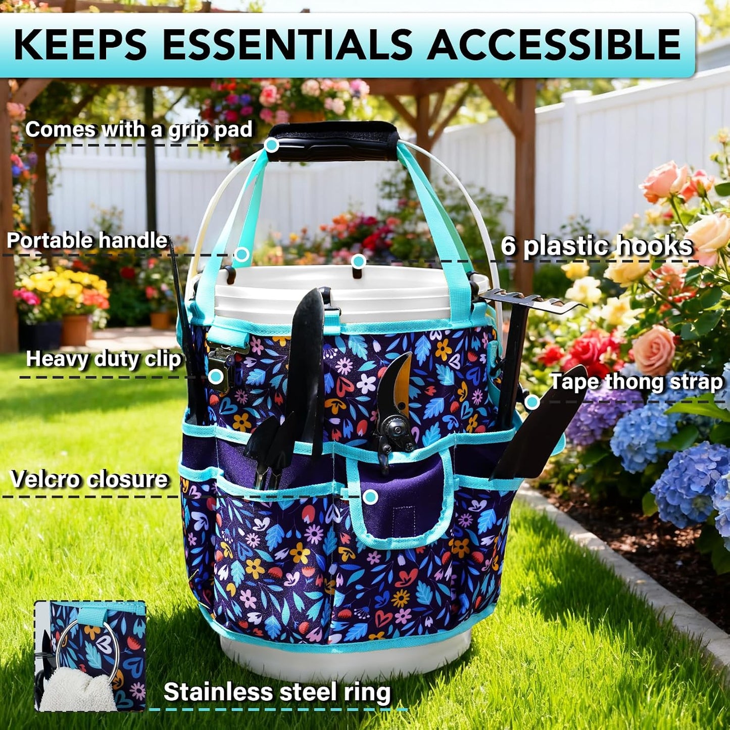 KUNN Bucket Tool Organizer 5 Gallon 18-Pocket Gardening Tool Bag with Hangable Handle | Garden Caddy & Bucket Accessory, Green