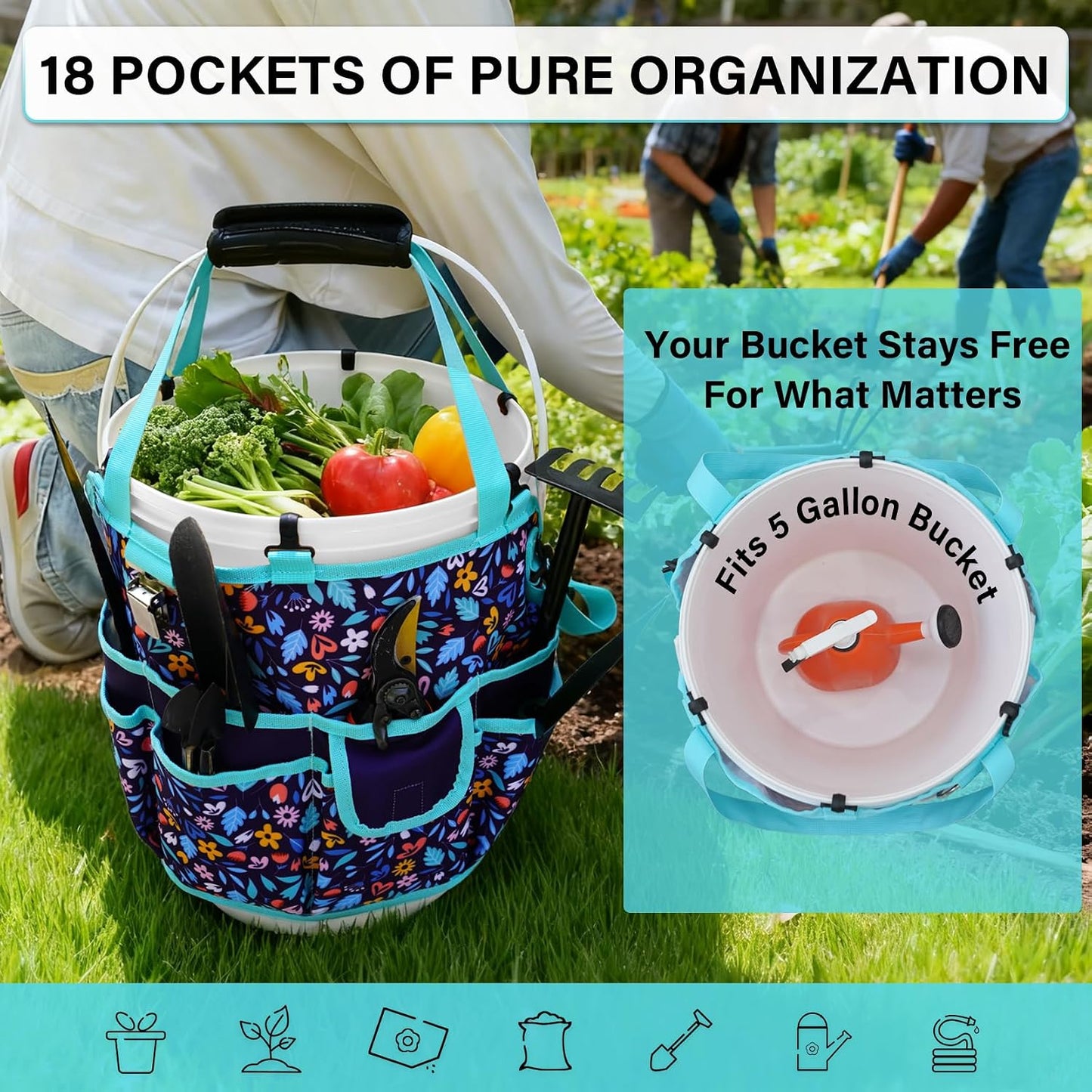 KUNN Bucket Tool Organizer 5 Gallon 18-Pocket Gardening Tool Bag with Hangable Handle | Garden Caddy & Bucket Accessory, Green