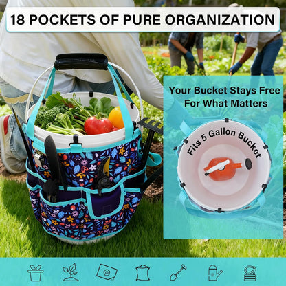 KUNN Bucket Tool Organizer 5 Gallon 18-Pocket Gardening Tool Bag with Hangable Handle | Garden Caddy & Bucket Accessory, Green