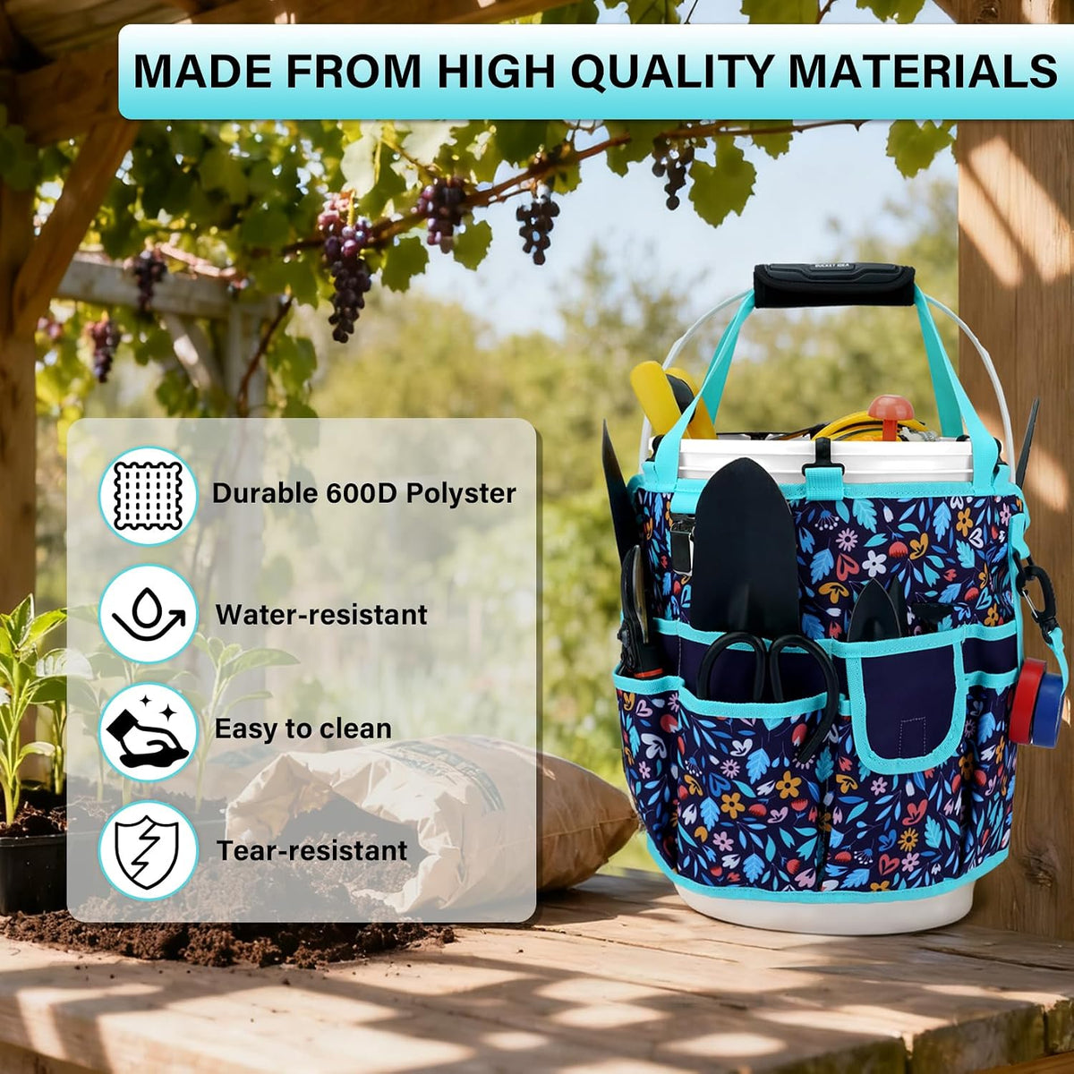 KUNN Bucket Tool Organizer 5 Gallon 18-Pocket Gardening Tool Bag with Hangable Handle | Garden Caddy & Bucket Accessory, Green