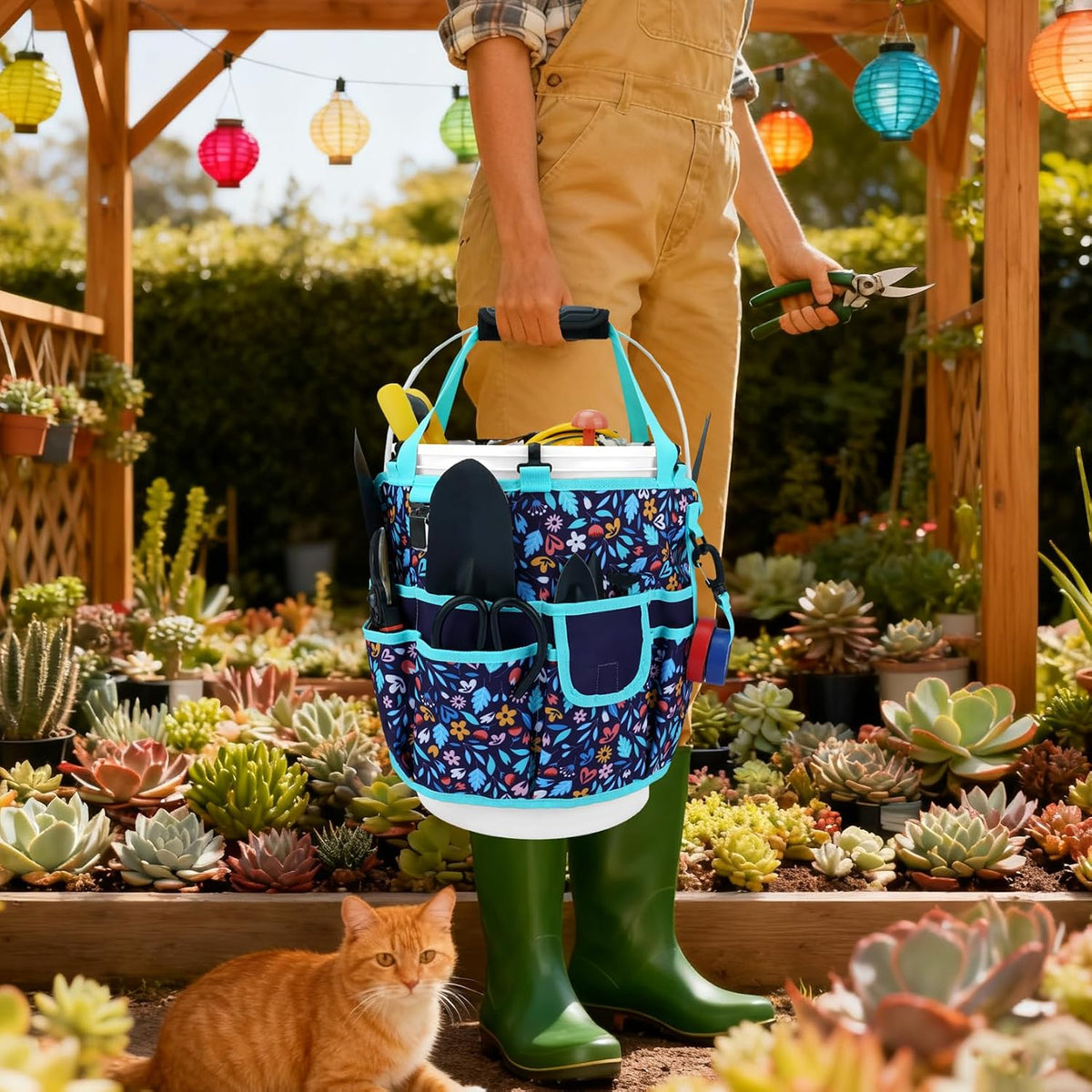 KUNN Bucket Tool Organizer 5 Gallon 18-Pocket Gardening Tool Bag with Hangable Handle | Garden Caddy & Bucket Accessory, Green