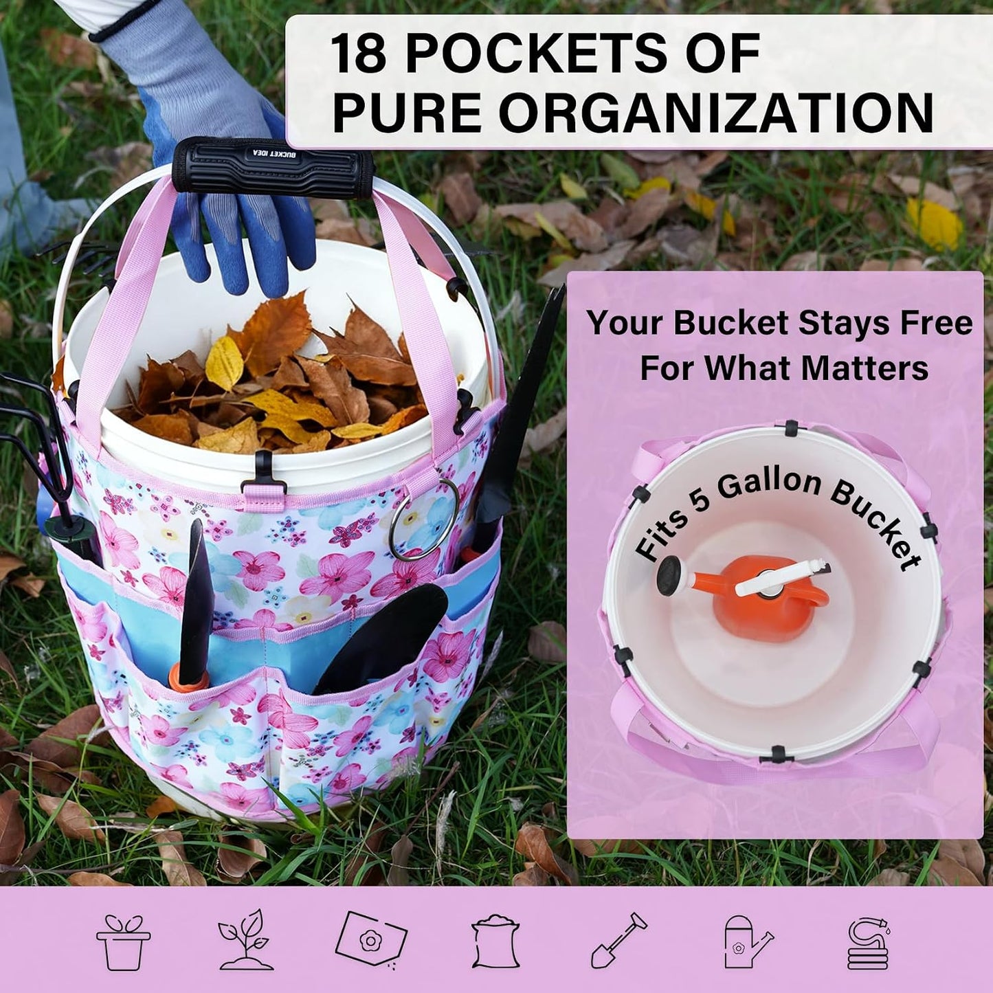 KUNN Bucket Tool Organizer 5 Gallon 18-Pocket Gardening Tool Bag with Hangable Handle | Garden Caddy & Bucket Accessory, Green