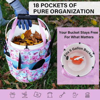 KUNN Bucket Tool Organizer 5 Gallon 18-Pocket Gardening Tool Bag with Hangable Handle | Garden Caddy & Bucket Accessory, Green